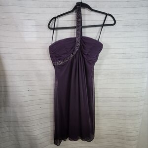 XSCAPE Plum Purple Beaded One-Shoulder Cocktail Dress, sz 10